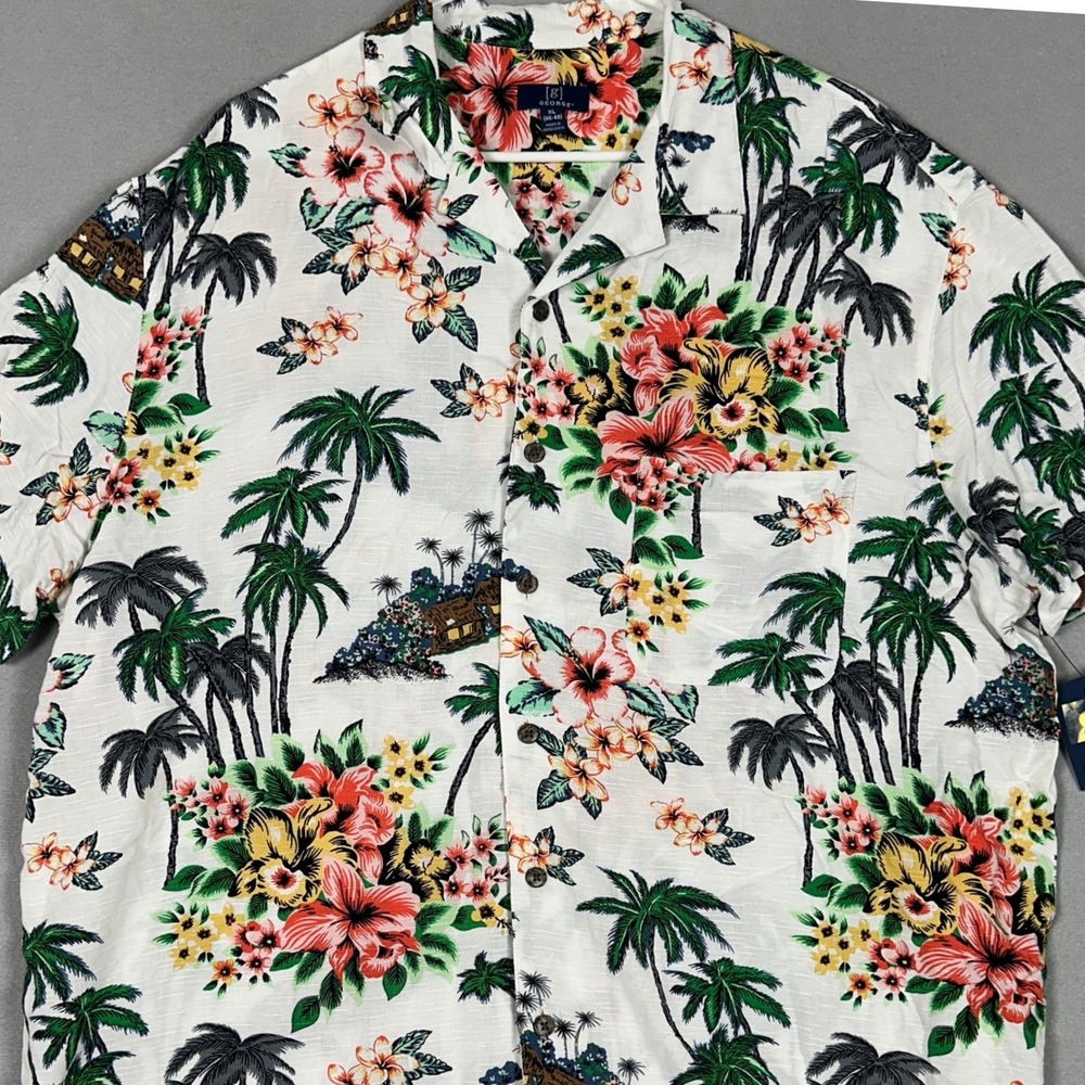 NEW George Shirt Mens XL White Multi Tropical Floral Button-Down Short Sleeve